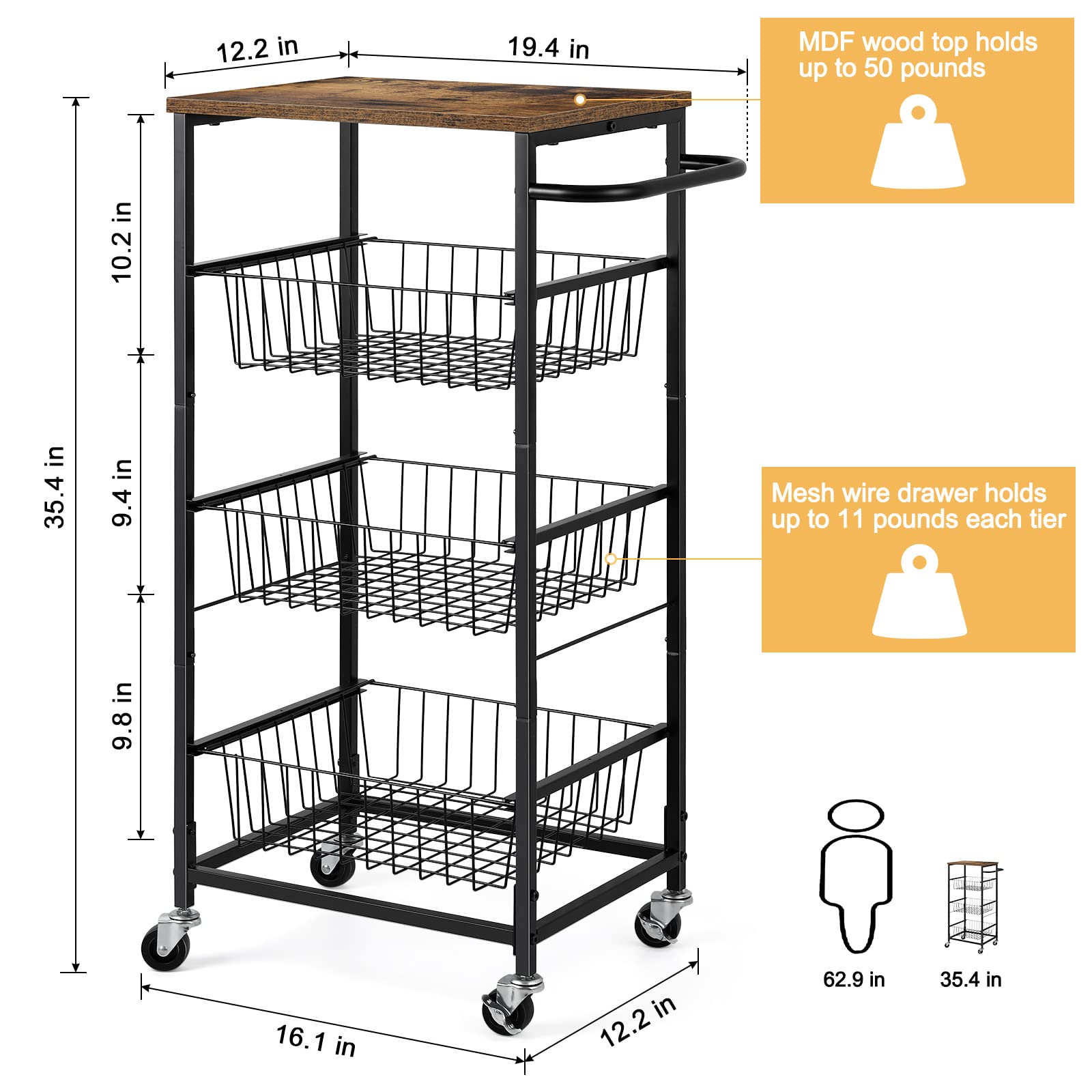 Smusei 4-Tier Rolling Kitchen Cart with Pull-Out Baskets - Mobile Metal Utility Storage Cart for Home, Bathroom, Pantry Organization - Perfect for Small Spaces, Kitchen Prep & Bathroom Storage