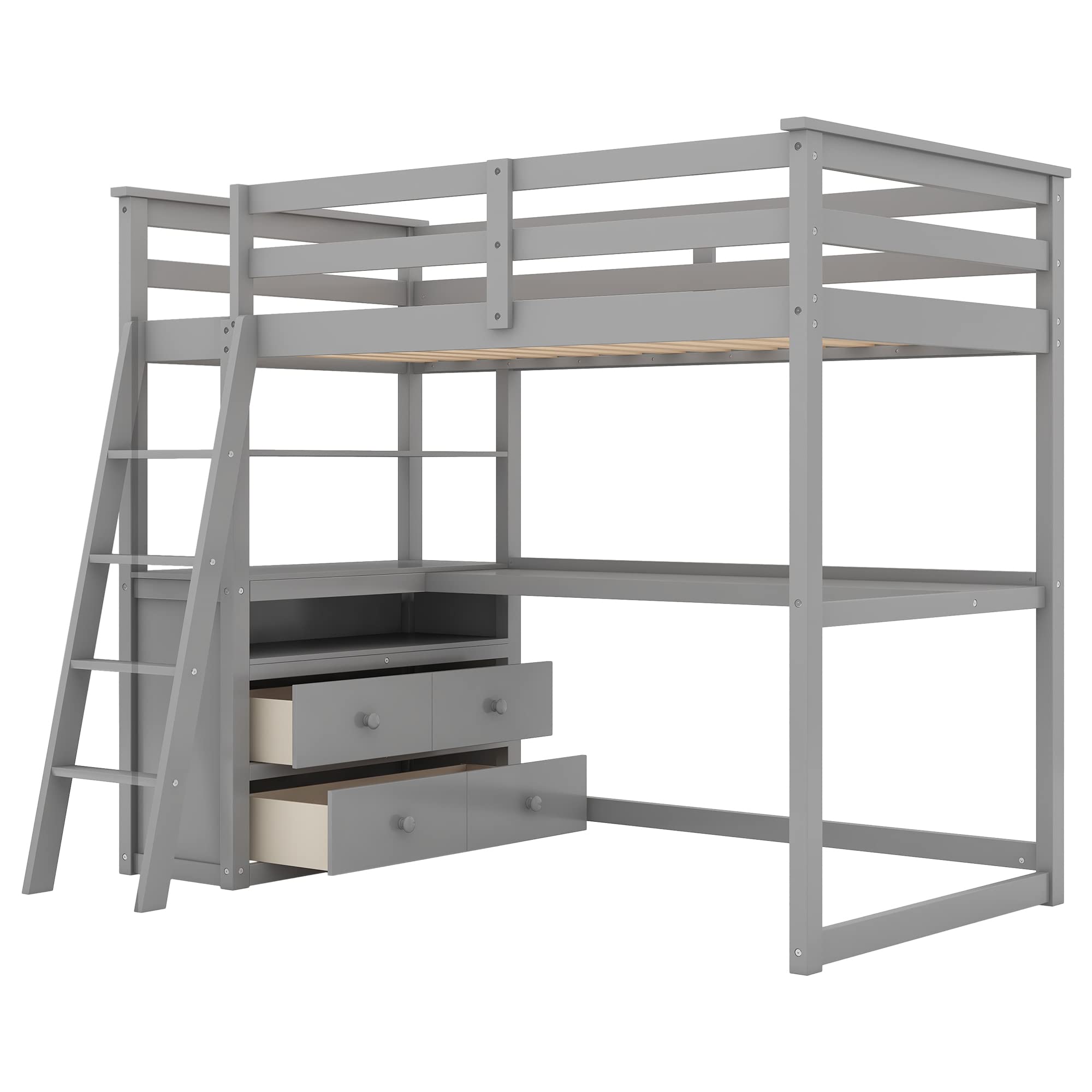 **Merax Twin Size Loft Bed with Desk & Storage - Wooden Loft Bed Frame with Shelves, 2 Built-in Drawers - Space-Saving Grey Loft Bed for Kids, Teens & Small Rooms - Perfect for Dorms, Apartments & Bedrooms**