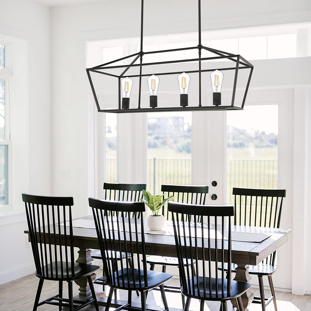 VINLUZ 4-Light Black Industrial Farmhouse Chandelier - Metal Linear Kitchen Island Pendant Light Fixture for Dining Room, Living Room, Stairway & Bar - Perfect for Modern Farmhouse, Loft & Industrial Style Decor