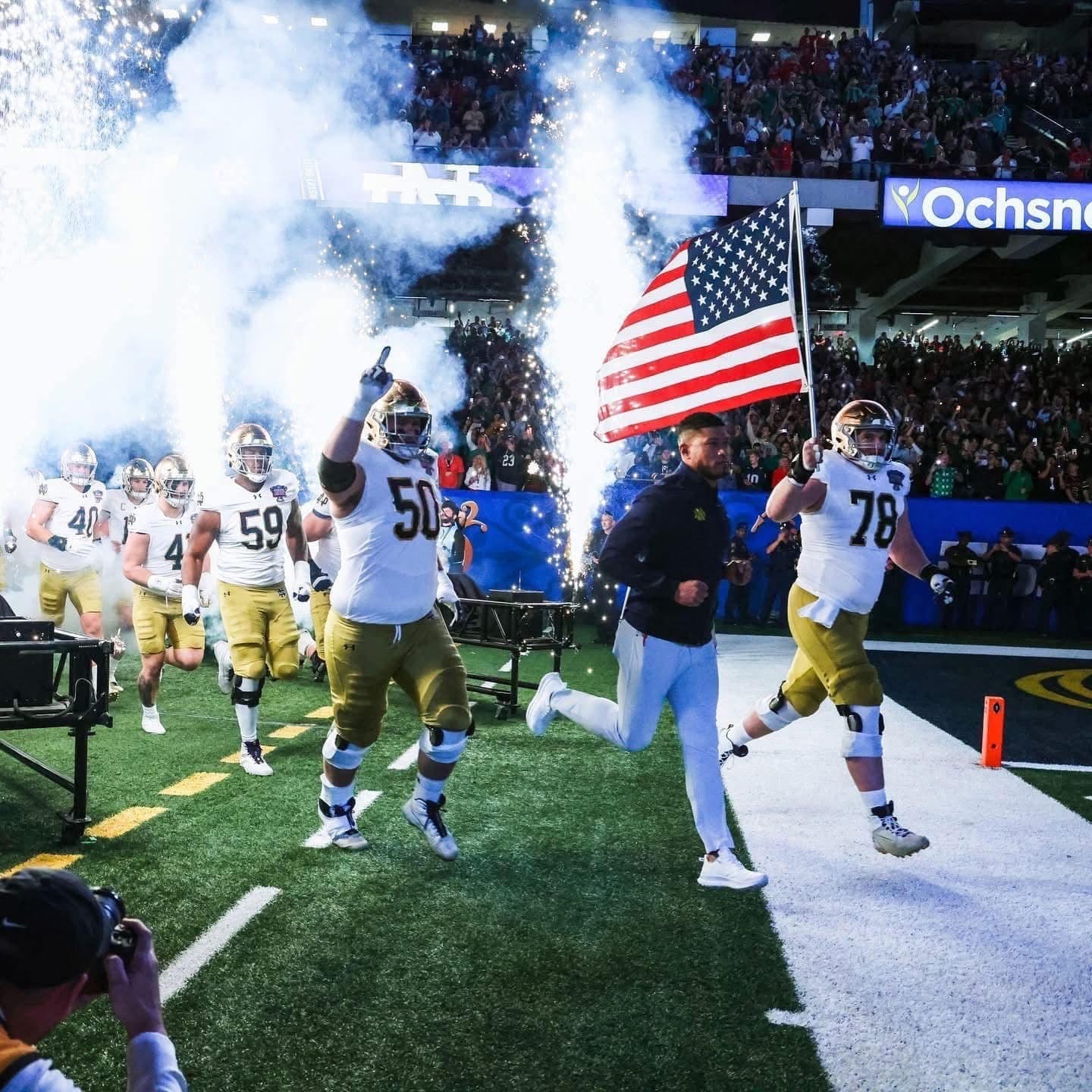 Pat Coogan Marcus Freeman USA Flag 8x10 NCAA Notre Dame Sugar Bowl Photo - Premium Football Memorabilia for Fans, Collectors & Sports Enthusiasts - Perfect for Game Room, Office Decor & Sports Gifts