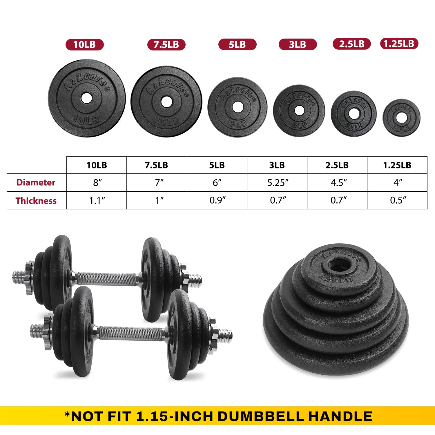A2ZCARE 1 Inch Standard Weight Plates Set - 1.25 lbs to 15 lbs Cast Iron Dumbbell & Barbell Plates for Home Gym, Strength Training, and Fitness Workouts