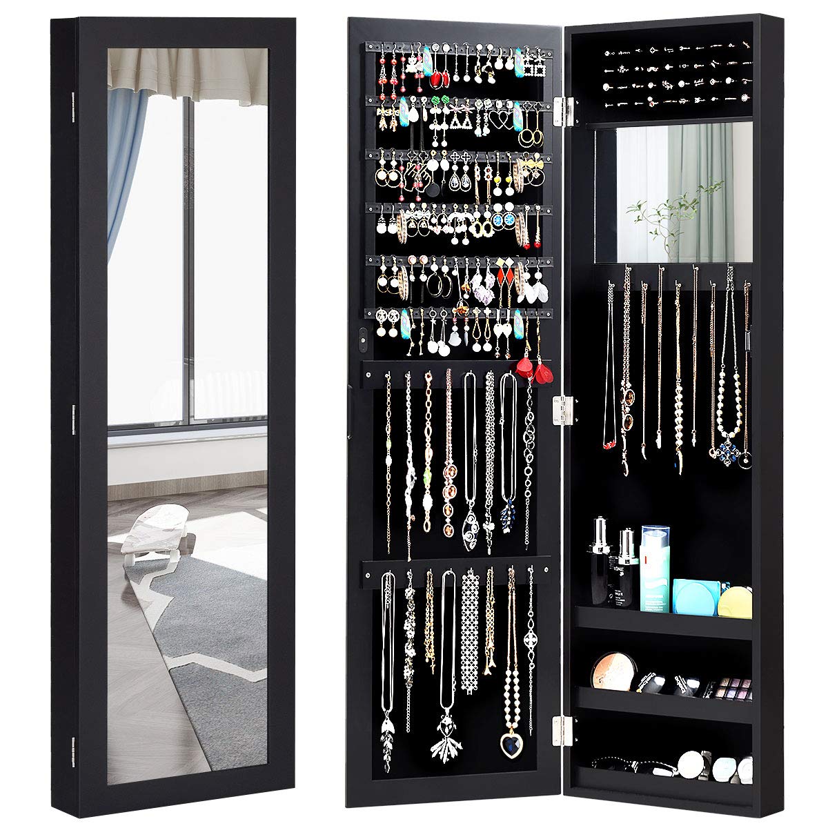Giantex Jewelry Armoire Cabinet with Full Length Mirror - Wall Mounted Jewelry Organizer with Makeup Mirror, Ring Earring Slots & Necklace Hooks - Large Capacity Storage for Necklaces, Bracelets & Accessories (Black) - Perfect for Bedroom, Closet & Dressing Room Organization