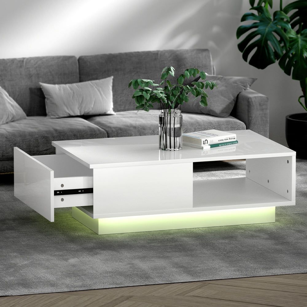 Artiss Modern LED Coffee Table with Adjustable Lights - White - Perfect for Living Room, Bedroom, and Office Decor