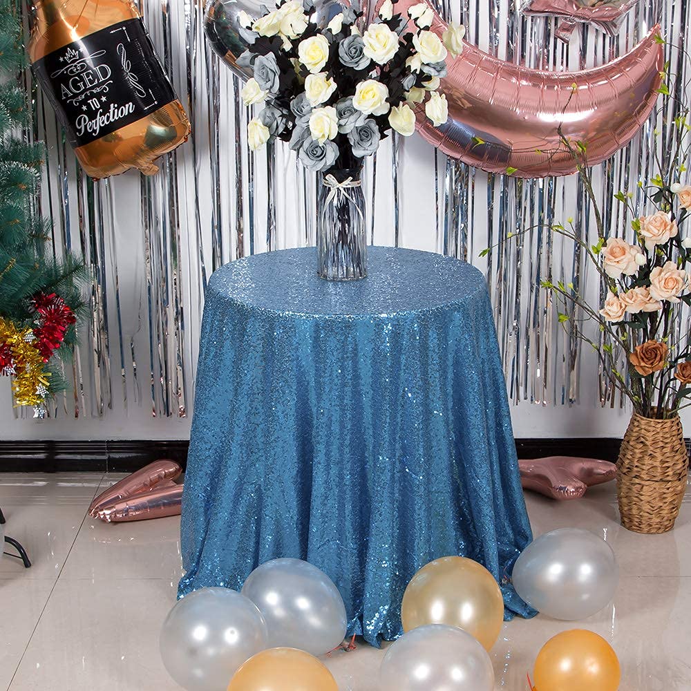 Sparkling Baby Blue Sequin Round Tablecloth - 90 Inch Glittery Table Cover for Wedding, Birthday Party, Bridal & Baby Shower Decor - Perfect for Banquet, Reception, and Special Event Decorations