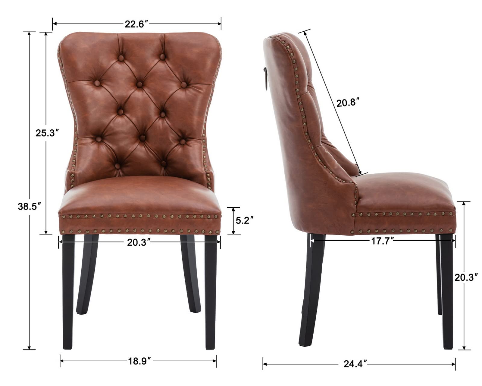 CIMOTA Set of 2 Brown Leather Dining Chairs - Mid Century Modern Tufted Upholstered Kitchen Chairs with Nailhead Trim & Ring Back (PU Leather, 2-Piece Set) - Perfect for Dining Room, Kitchen, Breakfast Nook & Home Office