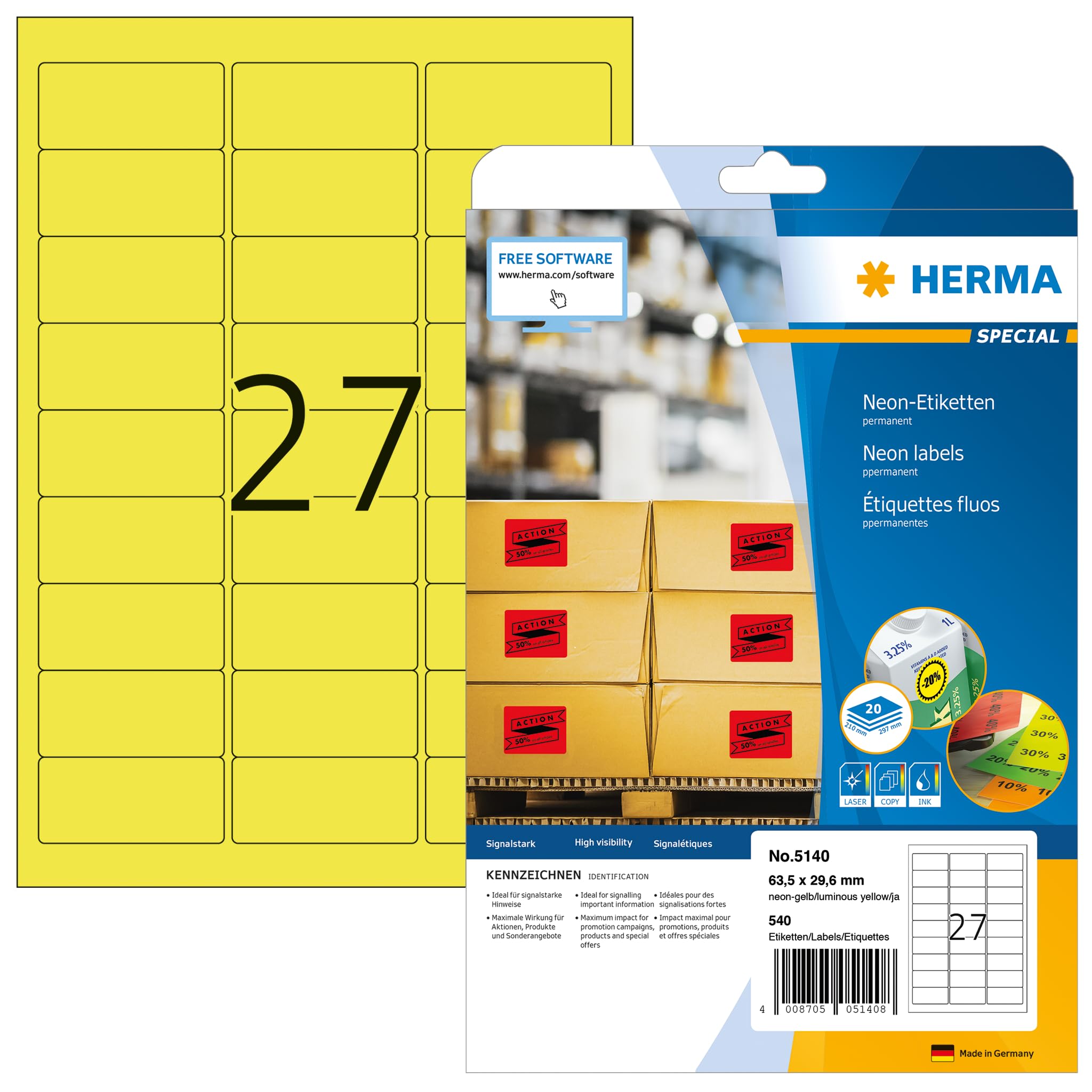 HERMA 5140 Self Adhesive Colored Labels - 540 Neon Yellow Blank Stickers (63.5x29.6mm), 27 Labels per A4 Sheet, 20 Sheets - Compatible with Laser & Inkjet Printers - Perfect for Office Organization, Shipping Labels & Product Packaging
