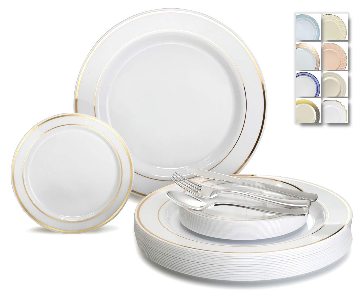 300-Piece Wedding Disposable Plastic Plate & Silverware Combo Set - 60 Guest White & Gold Trim Plates with Silver Cutlery - Elegant Tableware for Weddings, Parties, and Special Events