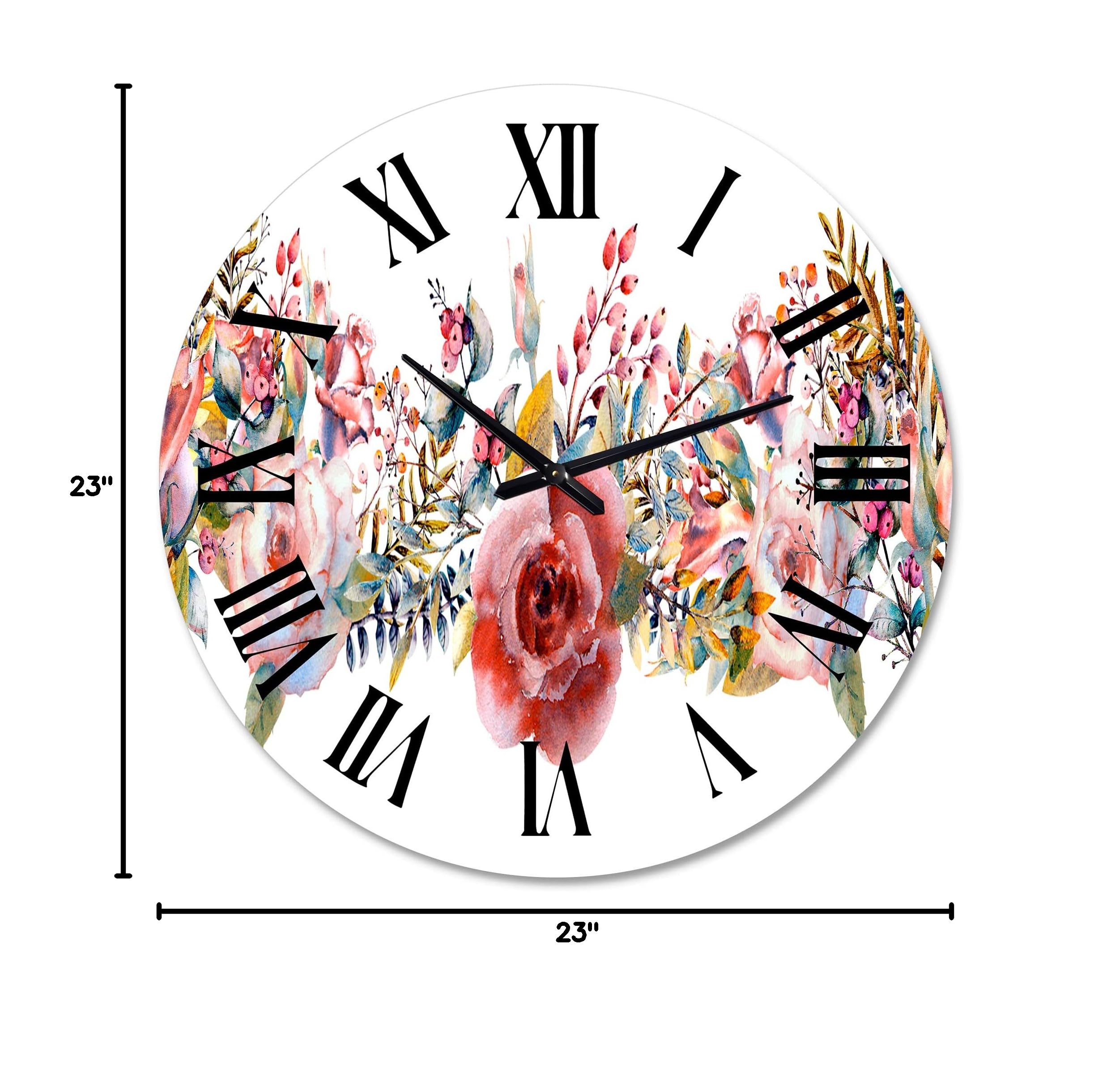 Farmhouse Wall Clock with Pink Roses and Wildflowers - Large Floral Botanical Wall Clock for Home Decor | Perfect for Living Room, Bedroom, Kitchen & Office