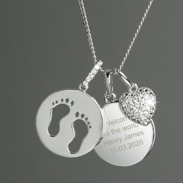 Personalized Sterling Silver Footprints & Cubic Zirconia Heart Pendant Necklace - Unique Baby Keepsake Gift for Newborn, Christening, or Mother's Day