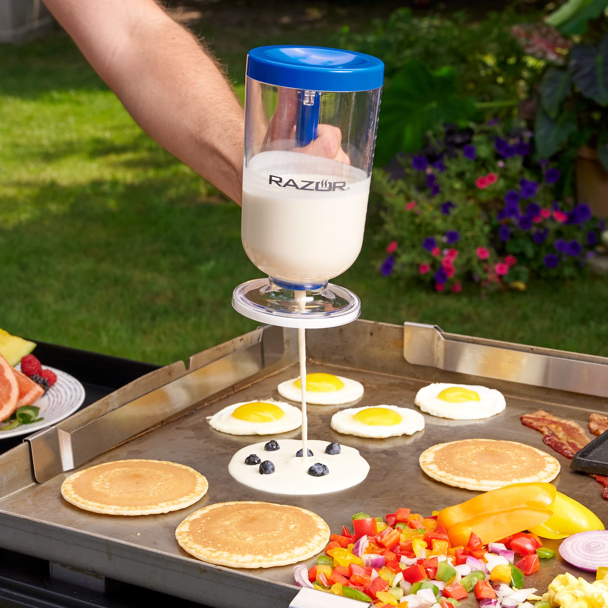 RAZOR 4-Piece Breakfast Kit for Griddle - Pancake Batter Dispenser, 2 Silicone Egg Rings & Cast Iron Griddle Press | Perfect for Camping, RV Trips & Outdoor Cooking | Non-Stick & Durable Cooking Accessories