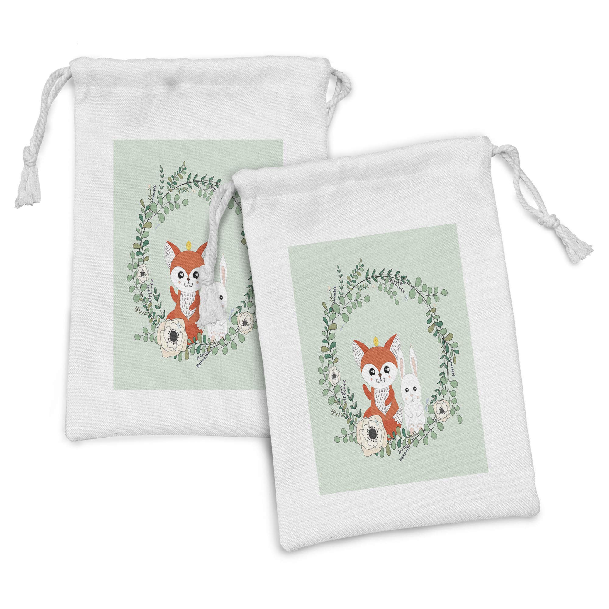 Ambesonne 2-Pack Cartoon Animal Drawstring Pouches - Rabbit & Fox Floral Design Small Fabric Bags (9