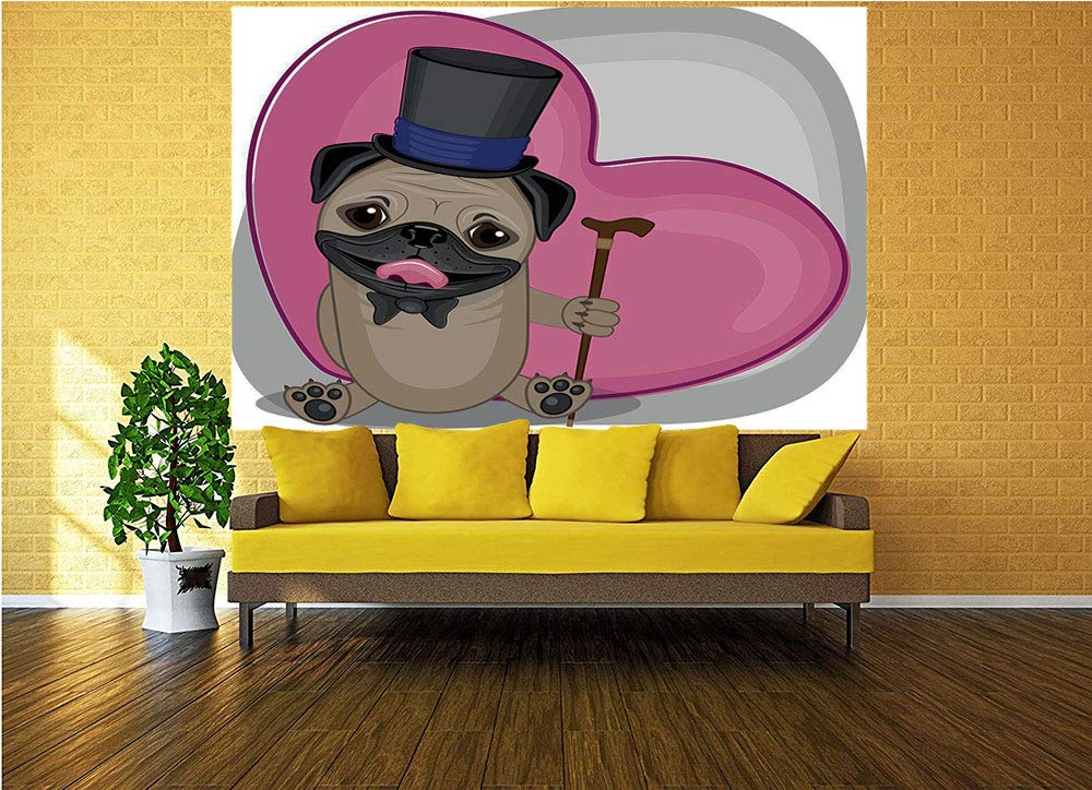 100x100 Inches Funny Dog with Top Hat and Cane Wall Mural - Peel and Stick Self-Adhesive Removable Wallpaper - Large Heart Background Wall Sticker for Living Room, Bedroom, Nursery Decor