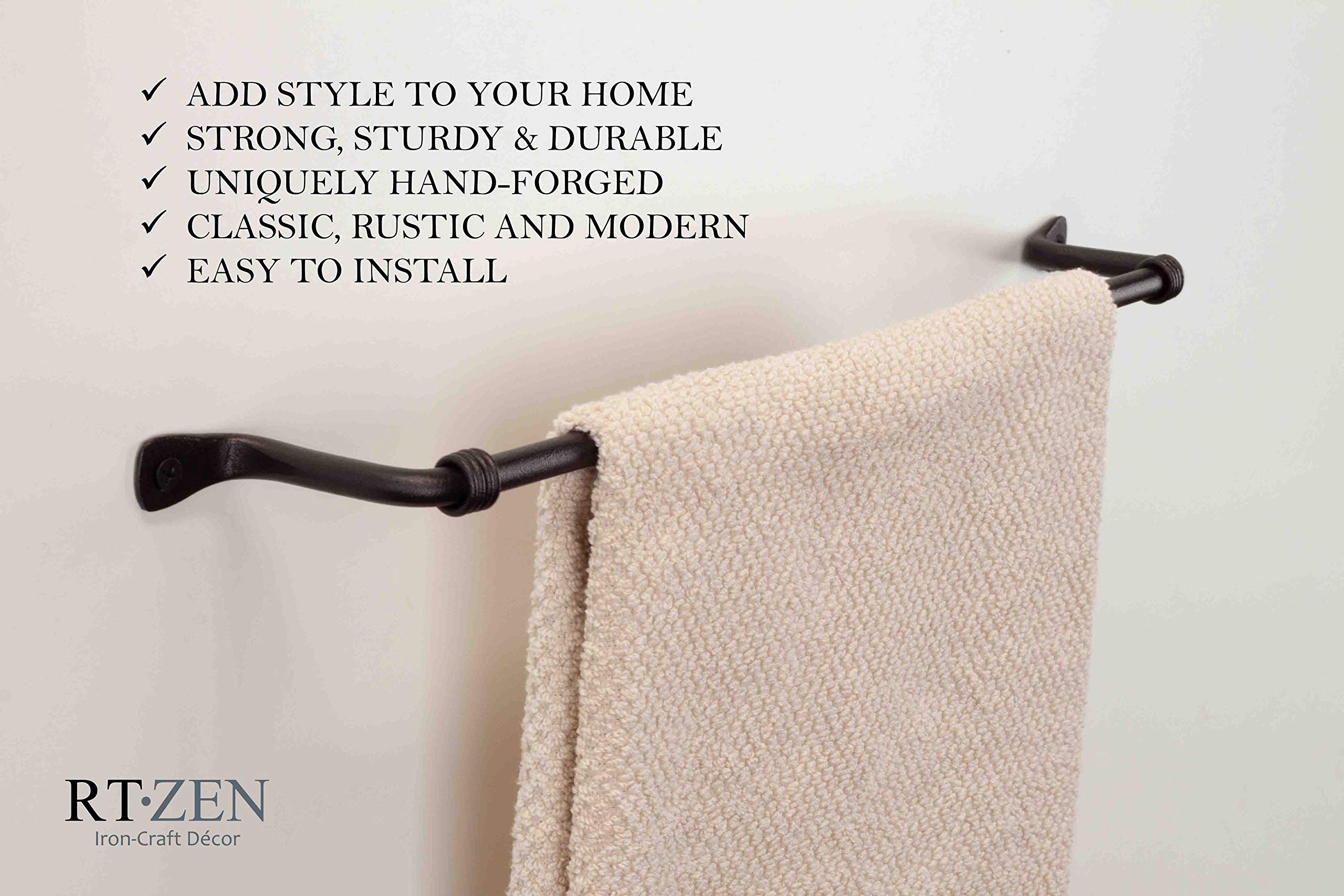 RTZEN Matte Black Hand Towel Holder - Handcrafted Farmhouse Wrought Iron Wall Mounted Rack for Bathroom & Kitchen - Fits 10