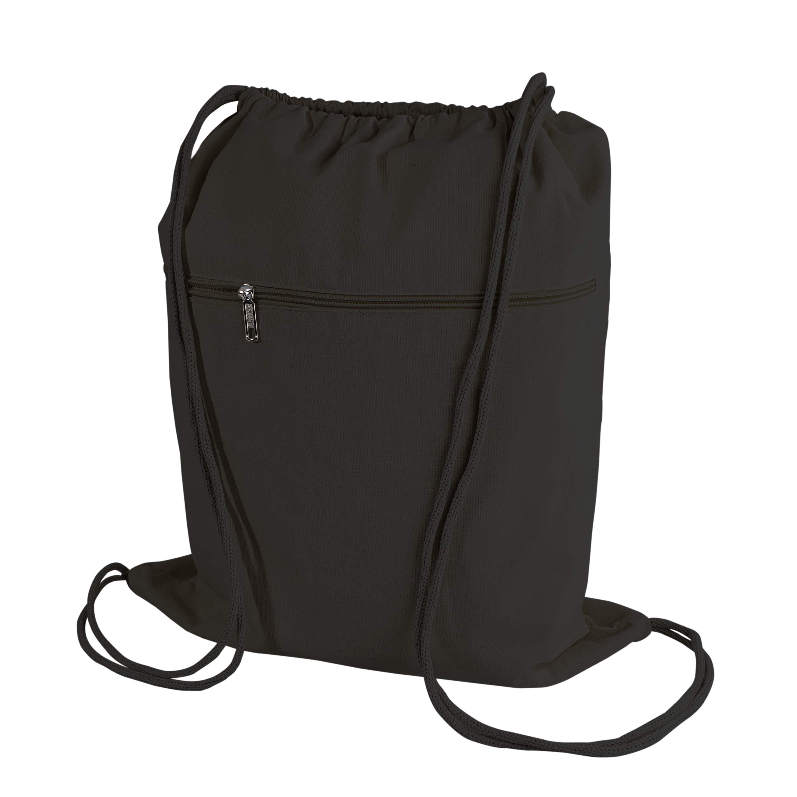 Premium Cotton Canvas Drawstring Backpack with Zippered Front Pocket - Lightweight Cinch Sack for Gym, Hiking, Travel & School - Unisex Sport Bag for Men, Women & Kids (Black, 3-Pack) - Perfect for Sports, Outdoor Activities & Daily Commute