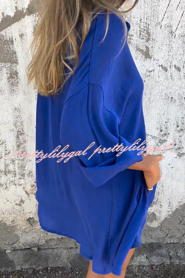 Stylish Solid Color Casual Lapel Long Sleeve Shirt & Elastic Waist Loose Pocket Shorts Set - Perfect for Summer Outfits, Beach Wear and Casual Daily Fashion