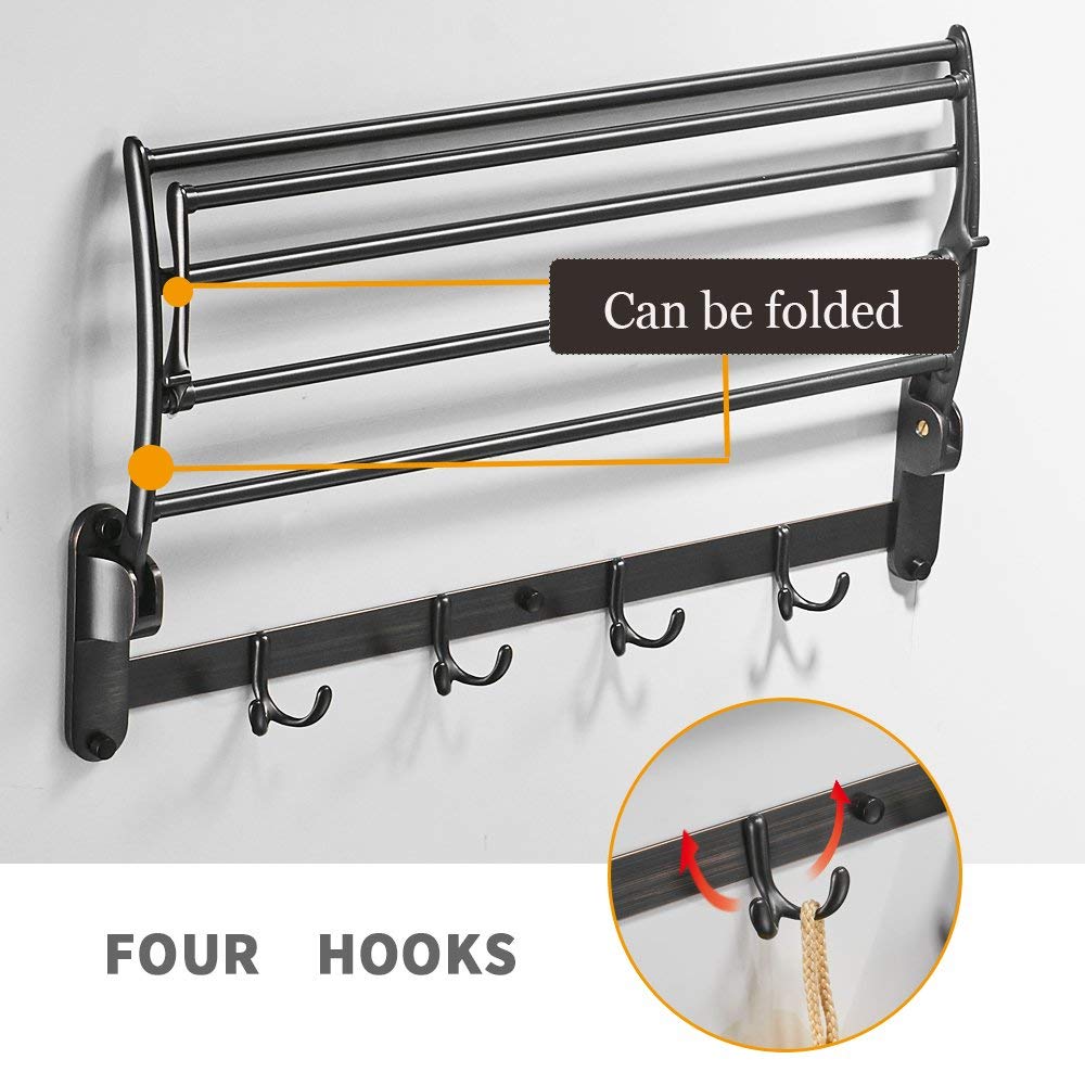BESy Oil Rubbed Bronze Brass Hand Towel Bar - Foldable Towel Rack with Shelf & Hooks for Bathroom, Kitchen, Spa - Rust-Resistant Bathroom Accessories for Home Decor
