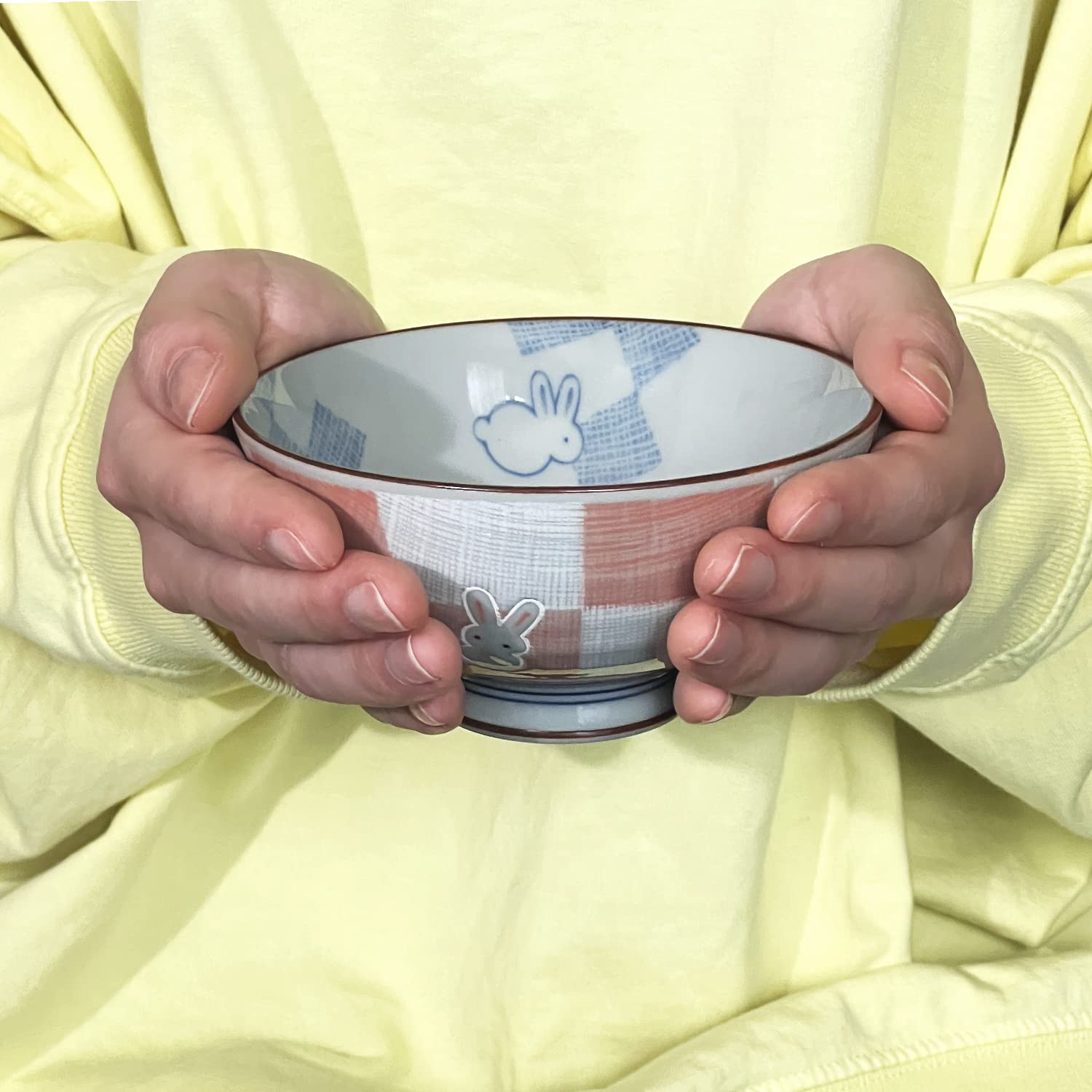 Traditional Japanese Ceramics Rice Bowl Chawan Pottery - Handcrafted in Japan, Dishwasher & Microwave Safe - Ichimatsu Usagi Small Nakahira Design - Perfect for Sushi, Rice Dishes & Asian Cuisine