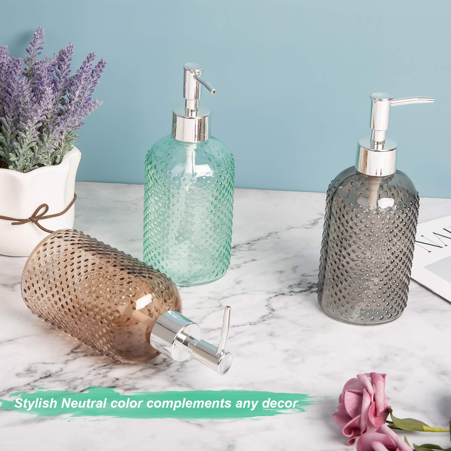 Cutiset 3 Pack 15oz Glass Soap Dispenser Bottles with Pump - Clear Lotion & Liquid Dispenser for Bathroom, Kitchen Sink, Vanity - Perfect for Hand Soap, Shampoo & Dish Detergent Storage