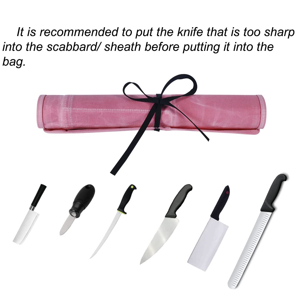 Heavy Duty Waxed Canvas Knife Roll Bag with 6 Slots - Professional Chef Knife Pouch Holder for Kitchen, Travel & Camping - Durable Pink Knife Storage for Home & Outdoor Use
