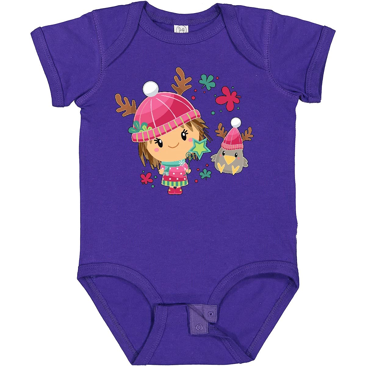 Inktastic Cute Winter Christmas Girl and Crow in Hats Baby Bodysuit - Soft Cotton Infant Onesie for Holiday Photos & Family Gatherings