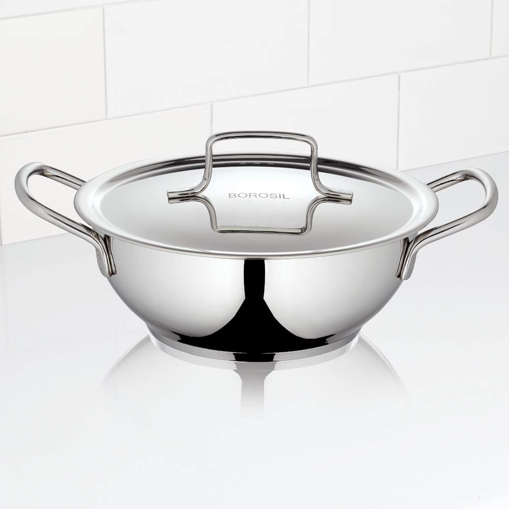 Premium Stainless Steel Deep Kadhai with Lid - 2.3L Indian Cooking Wok for Stir Fry, Curry & Deep Frying - Ideal for Home Kitchens & Restaurant Use