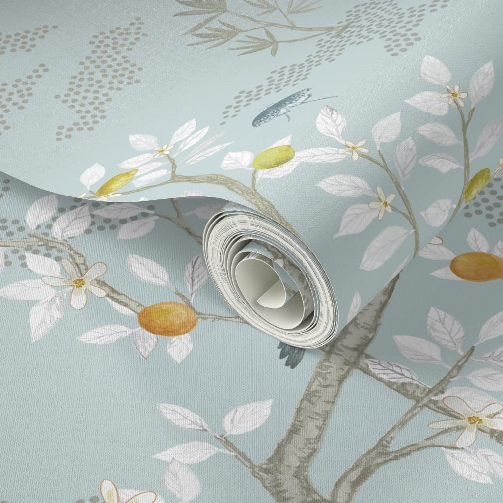 Peel & Stick Removable Wallpaper Swatch - Grey Birds, Trees, Aqua Citrus, Taupe, Chinoiserie Patterns | Self-Adhesive Custom Wallpaper for Bedroom, Nursery, Office & Home Decor | Spoonflower