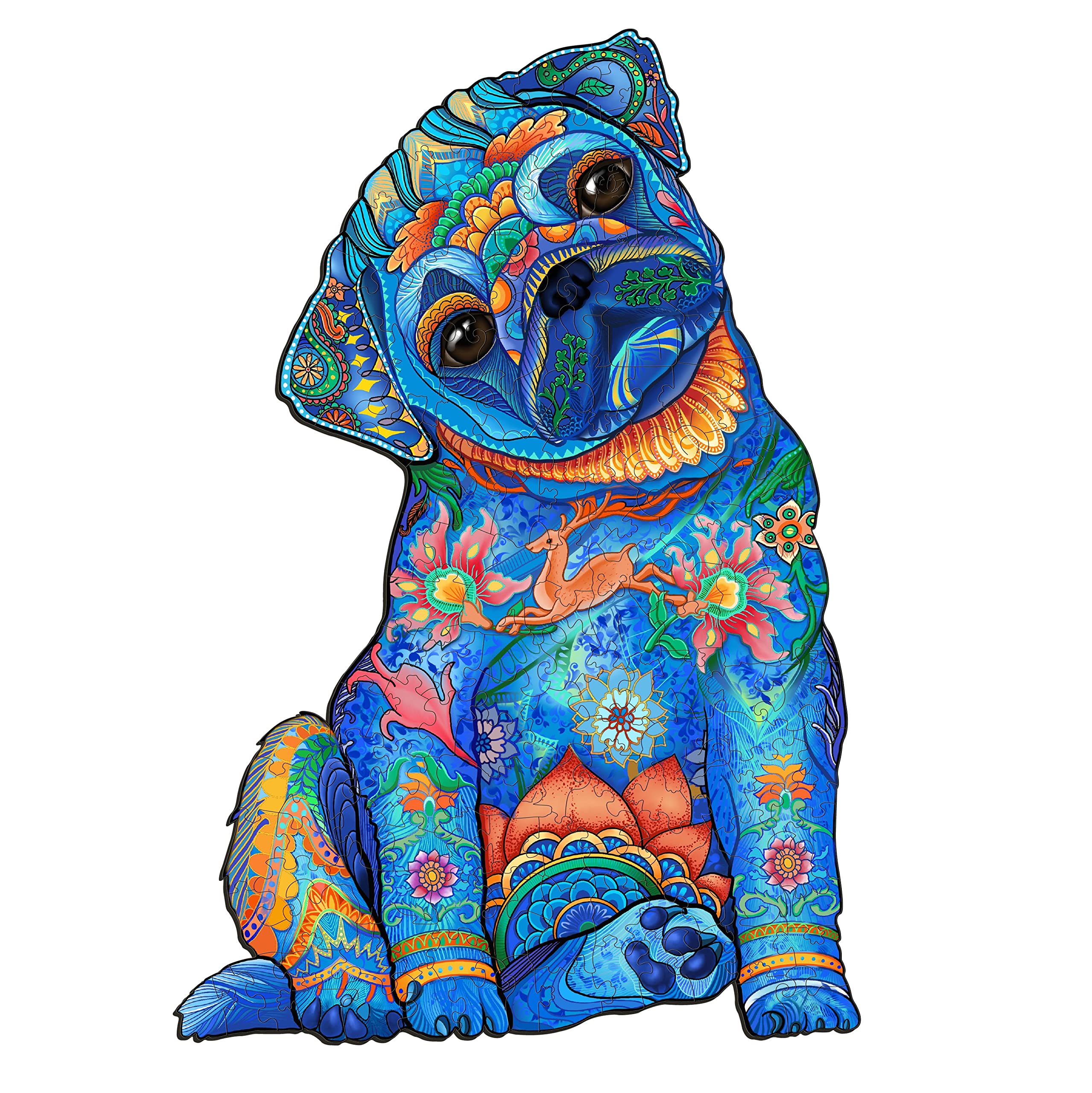 KAAYEE Wooden Jigsaw Puzzles for Adults & Kids - 12.5x8.5 Inch Creative Cute Pug Animal Puzzle, Unique Shape Colorful Pieces - Perfect Birthday Gift for Teens & Puzzle Lovers | Fun Family Game Night & Educational Activity for Children