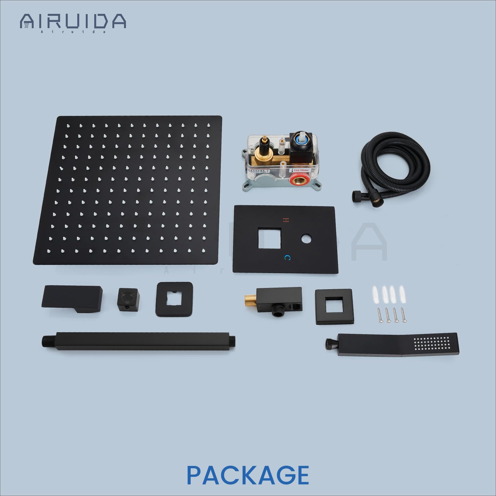 Airuida Matte Black 12 Inch Rainfall Shower System - Ceiling Mount Shower Faucet with SUS304 Ultra-Thin Shower Head & Brass Handheld Mixer Valve - Perfect for Modern Bathroom, Spa, and Luxury Home Renovation