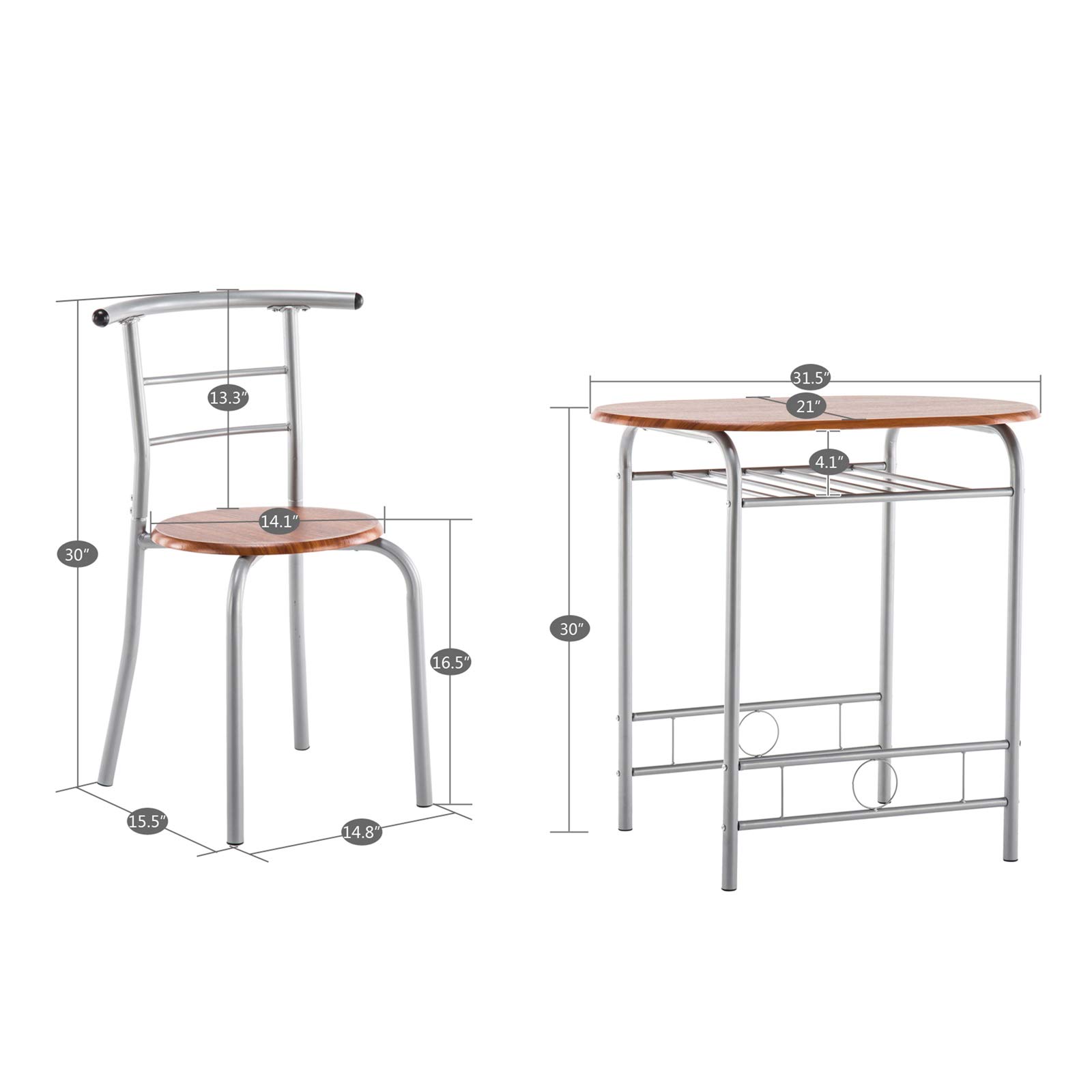 3-Piece Wooden Breakfast Table and Chair Set with Wine Rack - Modern Kitchen Dining Furniture with Metal Legs for Small Spaces, Apartments, Breakfast Nook - Perfect for Morning Coffee, Family Meals & Home Decor in Retro Brown