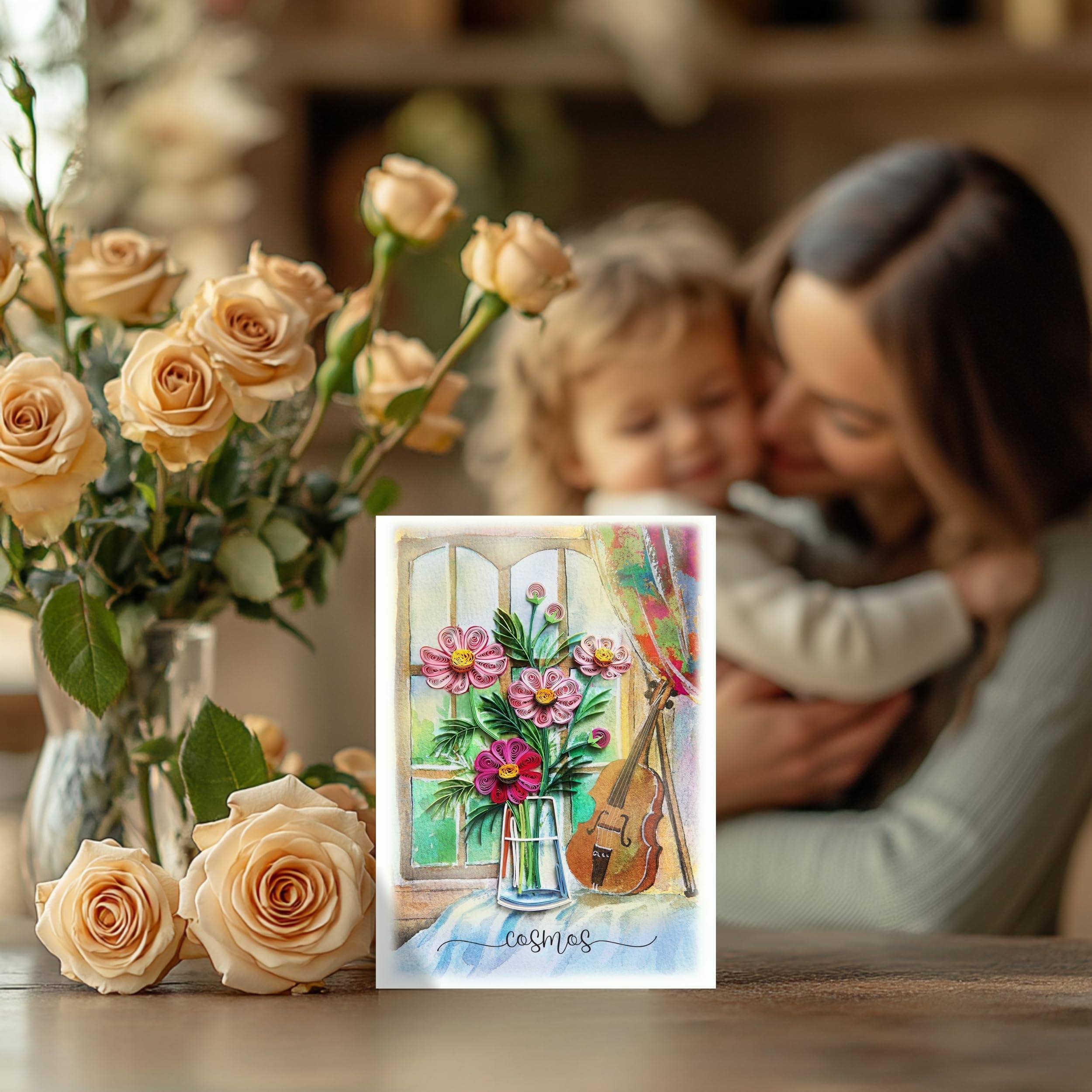 Handmade Cosmos Quilling Greeting Card - Floral Birthday & Anniversary Card - 5x7 Inch Blank Inside - Perfect for Special Occasions, Weddings, Thank You Gifts & Home Decor