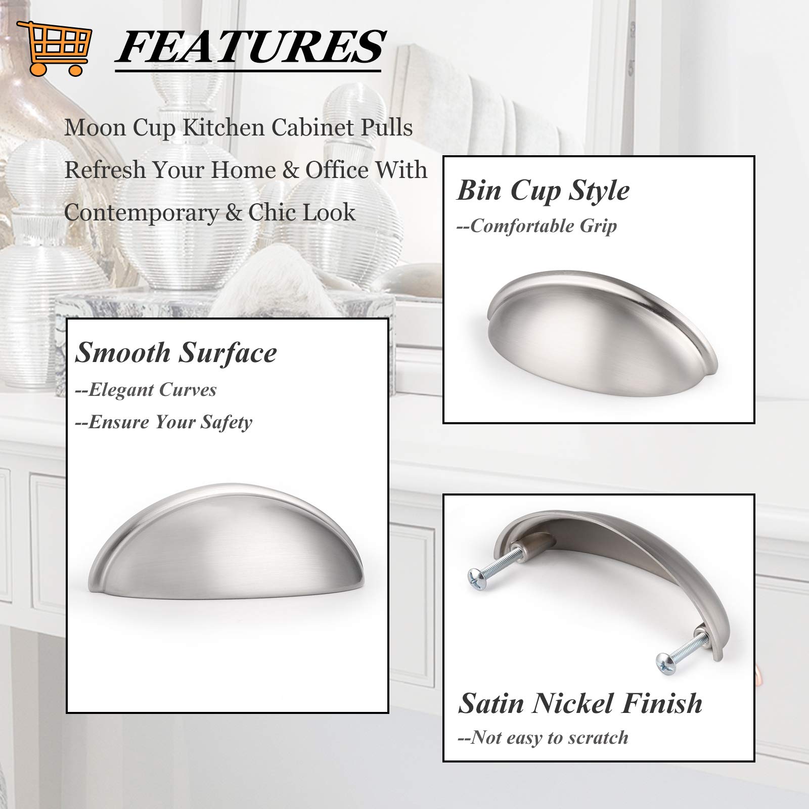 Probrico 30 Pack Satin Nickel Drawer Pulls - 3 Inch Hole Centers, Modern Cabinet Handles for Dressers, Kitchen Cabinets & Furniture Hardware | Perfect for Home Renovation & DIY Projects