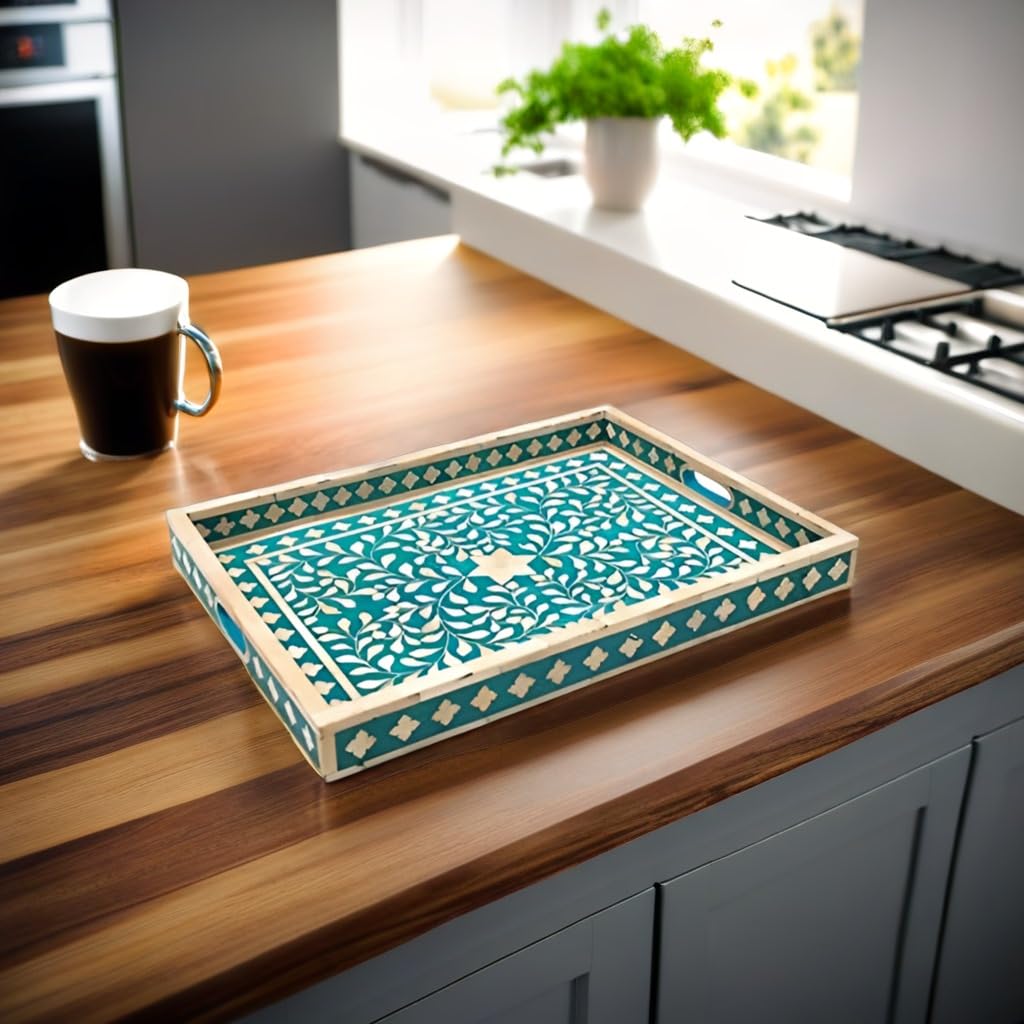Handmade Antique Bone Inlay Serving Tray - Decorative Wooden Food Platter for Breakfast in Bed, Ottoman Style Blue Home Decor Tray | Perfect for Tea Service, Cheese Board & Gift Giving - Fairdeal Handicrafts