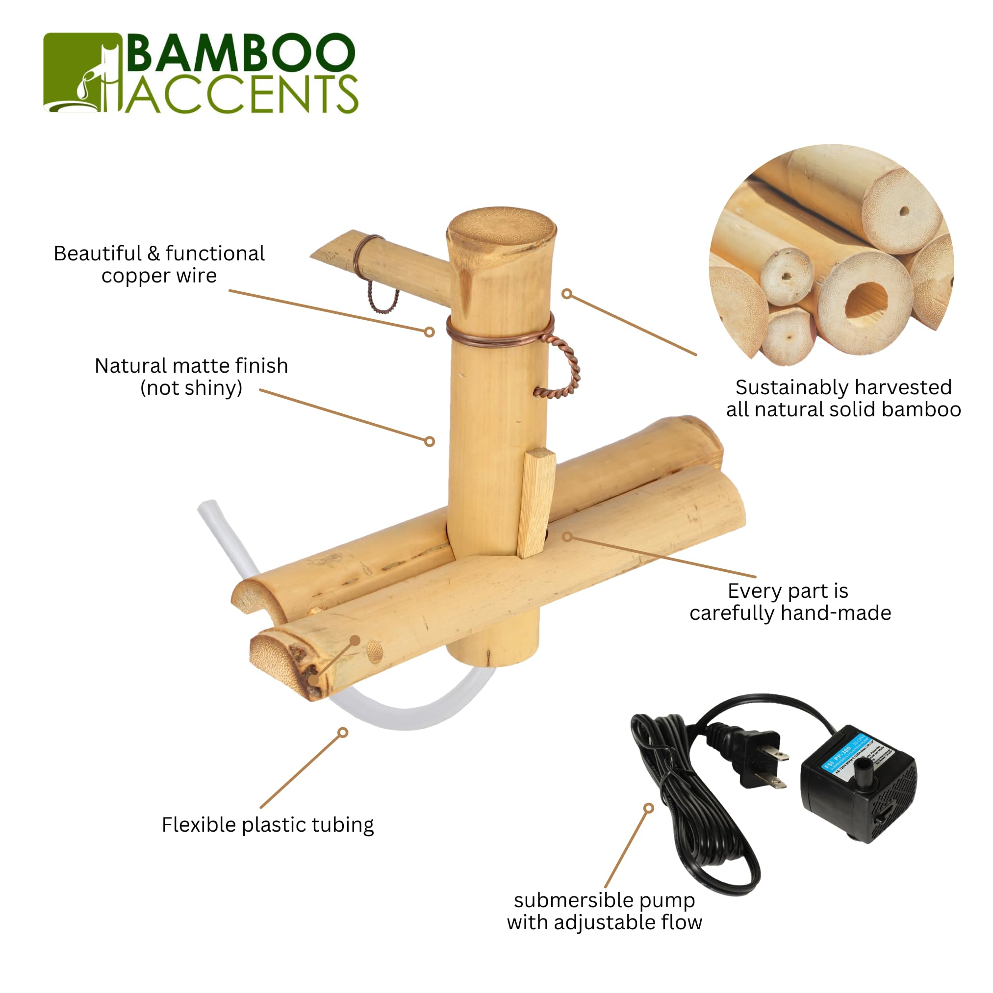 Bamboo Zen Garden Water Fountain Kit with Adjustable Spout & Submersible Pump - Smooth Matte Finish for Indoor/Outdoor Decor - Perfect for Home Office, Patio, or Meditation Space (7
