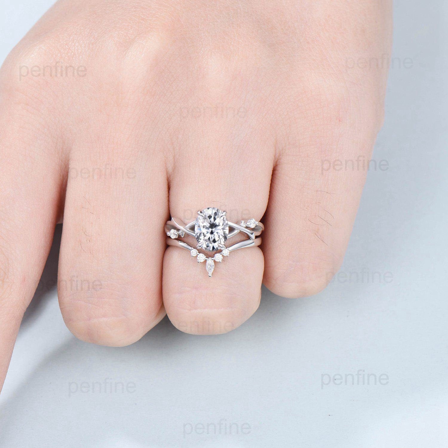 1.5CT Oval Brilliant Moissanite Engagement Ring Set in 14K White Gold - Nature Inspired Branch Design Vintage Bridal Wedding Ring Set for Her - Perfect for Proposals, Anniversaries & Special Occasions