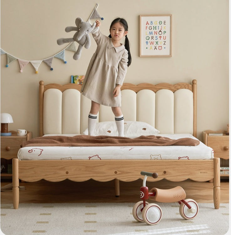 Premium Oak Solid Wood Kids Upholstered Bed with Soft Headboard - Milky White | Safe & Comfortable Toddler Bedroom Furniture for Boys & Girls | Perfect for Bedrooms, Daycare & Guest Rooms