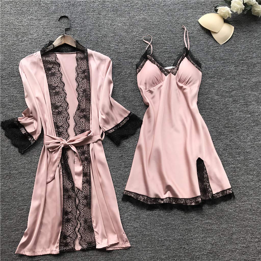 Women's 4-Piece Satin Pajama Set with Floral Lace Trim - Soft Comfy Sleepwear & Robe - Sexy Nightgown Lingerie for Valentine's Day, Anniversary Gift or Relaxing at Home