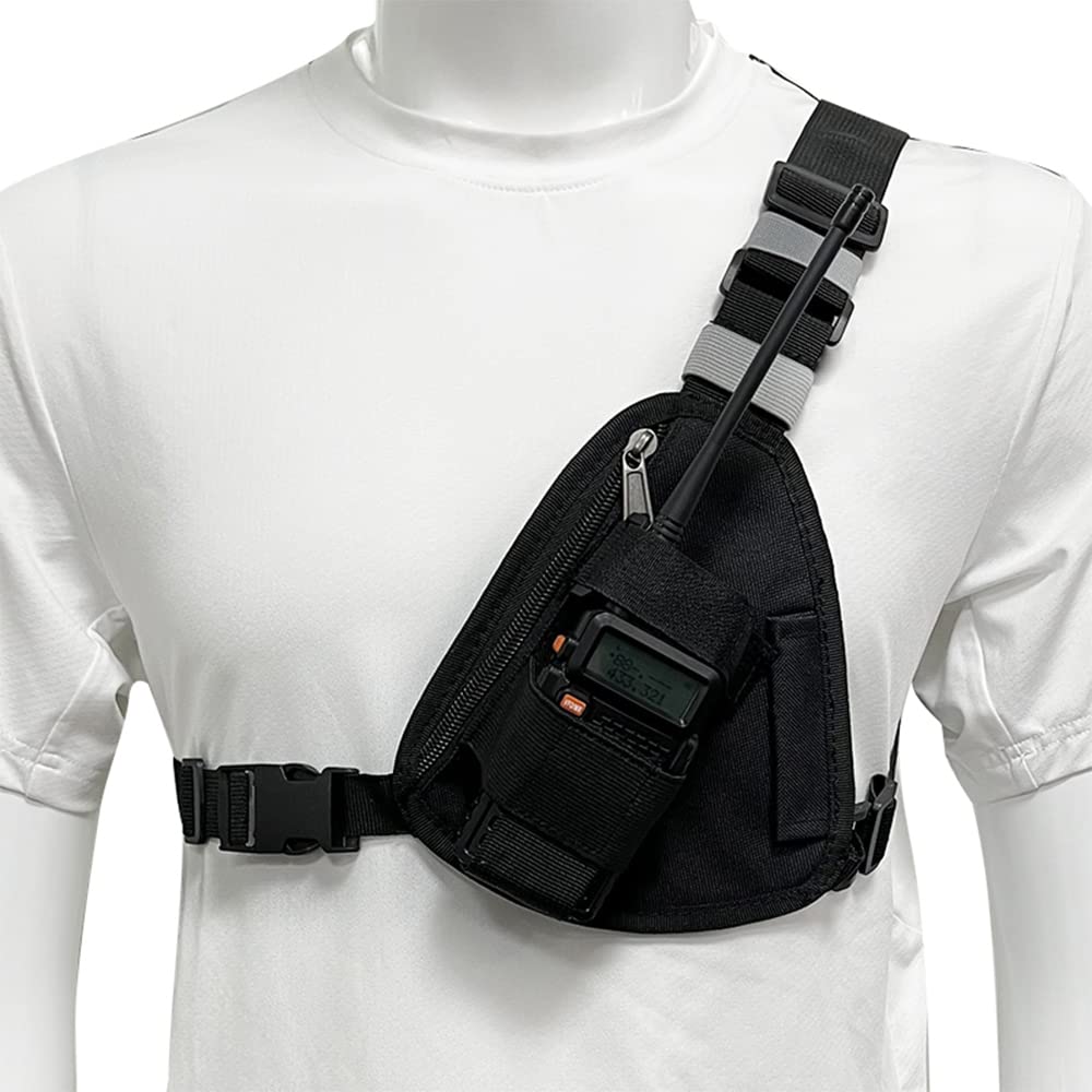 LSENG Adjustable Radio Chest Harness Shoulder Holster - Single Radio Pouch for Motorola & BAOFENG Walkie Talkies - Two-Way Radio Holder for Outdoor, Hiking, Construction & Security (Black)