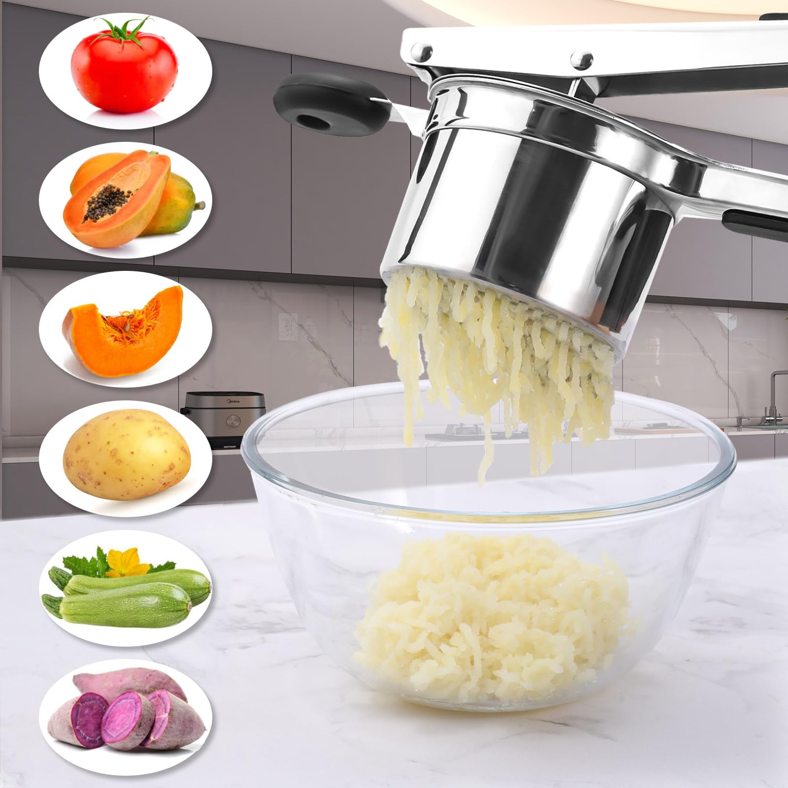 Stainless Steel Potato Ricer & Masher - 15 oz Silicone Food Press for Smooth Creamy Mashed Potatoes | Perfect for Thanksgiving, Baby Food & Homemade Gnocchi