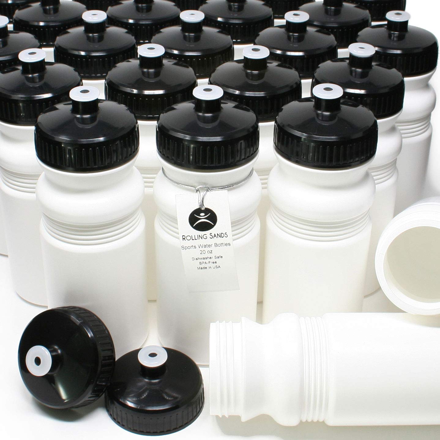 Rolling Sands 20oz BPA-Free Sports Water Bottles 100 Pack - Made in USA, Dishwasher Safe - Perfect for Gym, Office, School & Outdoor Activities
