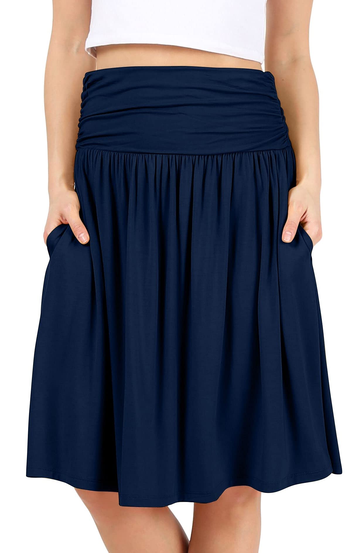 Women's Stretchy Ruched Midi Skirt with Pockets - Regular & Plus Size Flowy Below Knee Skirt for Work, Date Night & Casual Outfits | Simlu Fashion