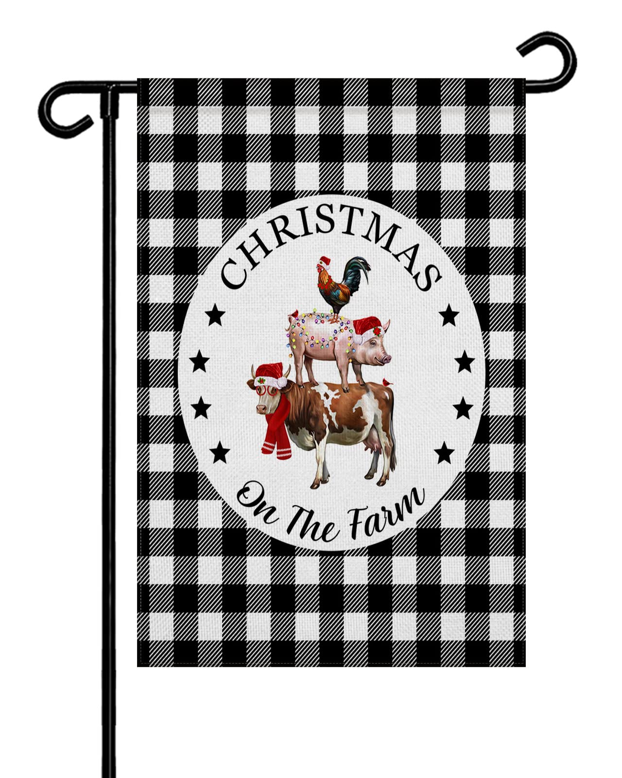 Double Sided Burlap Garden Flag - Christmas on The Farm with Black White Checkered Rooster Pig Cow Design - 12