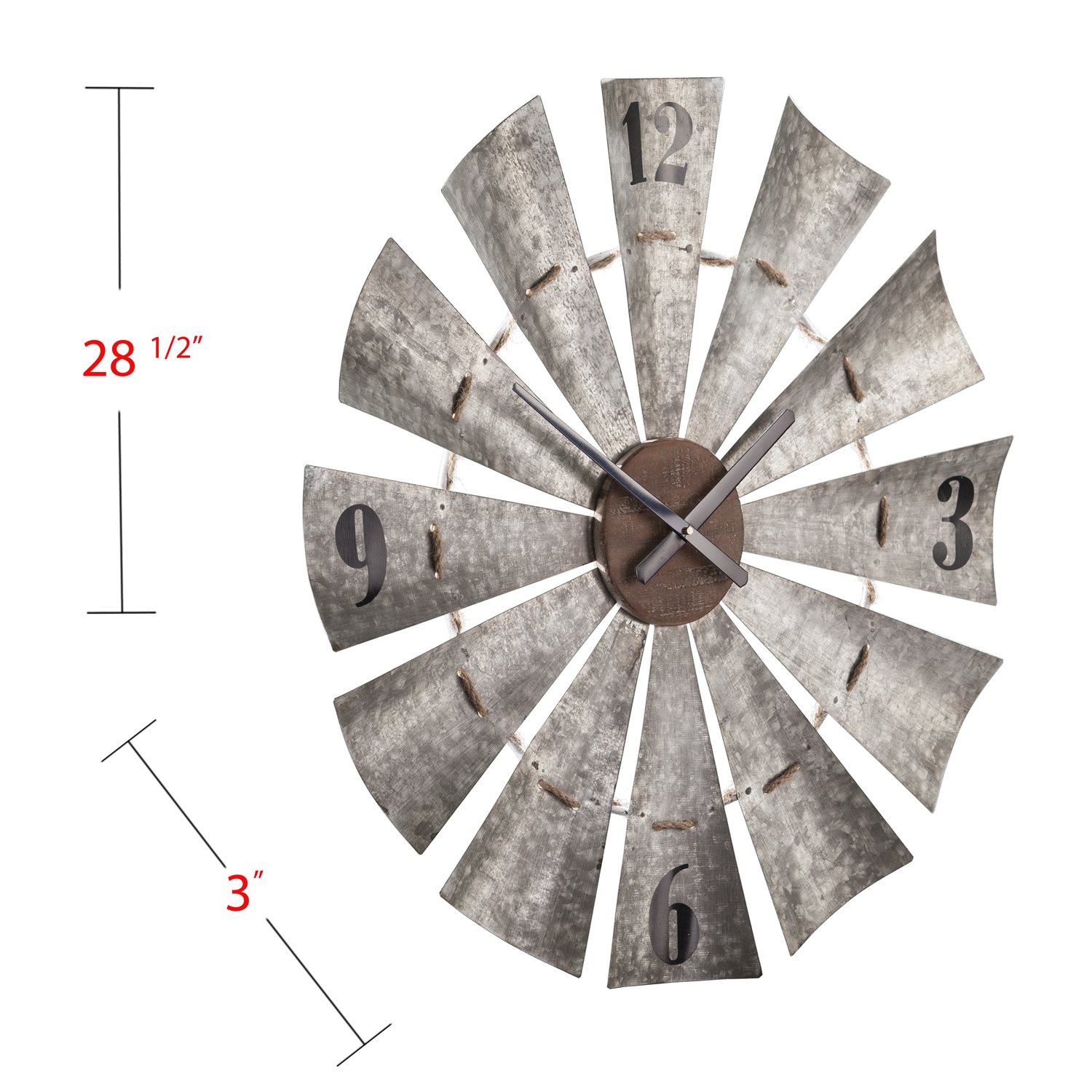 Rustic Windmill Wall Clock - Large Oversized Farmhouse Decor - Galvanized Aluminum Metal Clock for Living Room, Kitchen, Office & Country Style Home