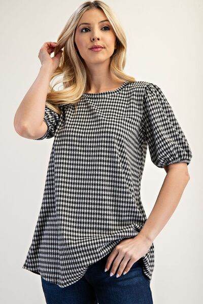Celeste Gingham Print Blouse with Puff Sleeves - Plus Size Women's Fashion Top for Casual Wear & Summer Outfits