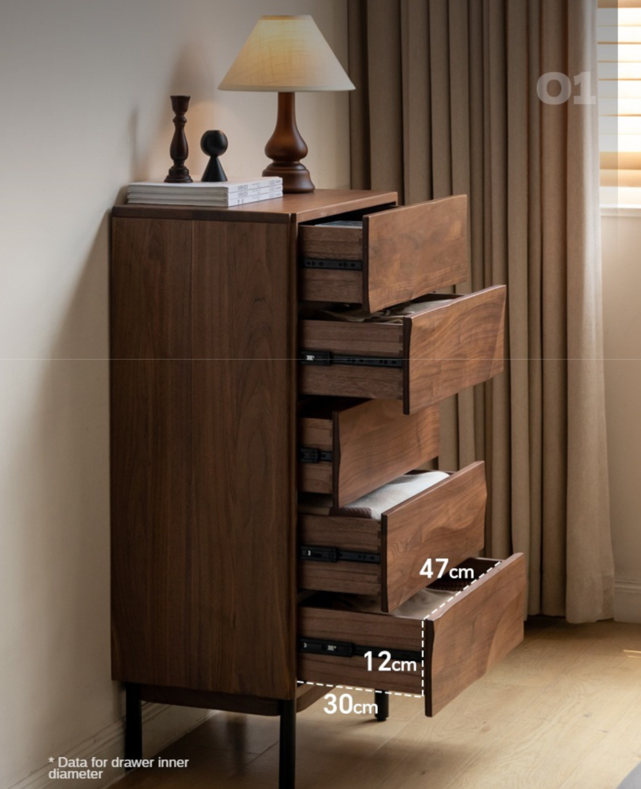 Black Walnut Solid Wood Wave Nightstand - Modern Bedroom Side Table with Drawer for Storage | Perfect for Bedside, Living Room, or Office Use