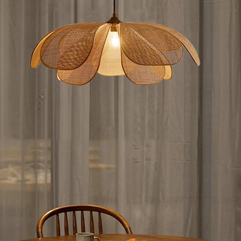 Rattan Multi-Petal Translucent Pendant Light - Boho Ceiling Fixture for Bedroom, Dining Room & Living Room Decor