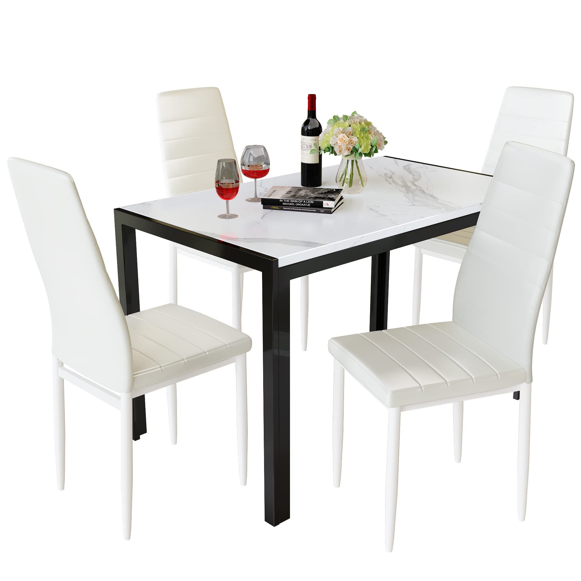 DKLGG 5-Piece Modern Dining Table Set for 4 - Faux Marble Kitchen Table with 4 Chairs, Space-Saving Home Furniture for Small Spaces | Perfect for Apartments, Breakfast Nooks & Cozy Family Dinners