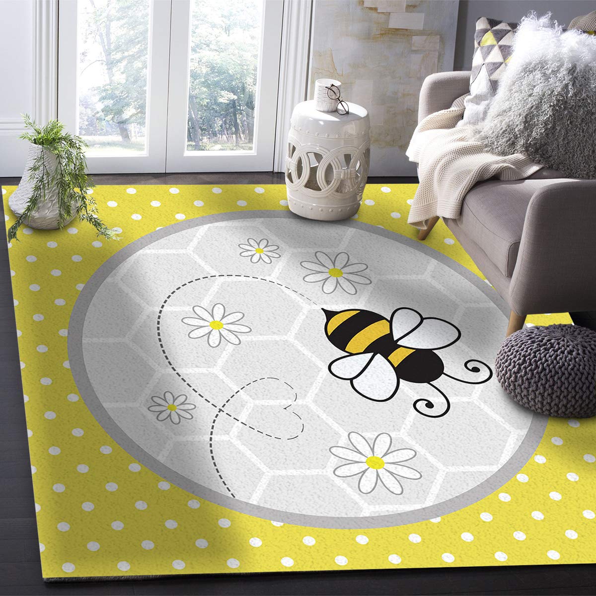 5'x8' Bee and Daisy Area Runner Rug - Washable Indoor/Outdoor Carpet for Kitchen, Living Room, Bathroom, Bedroom, Classroom & Laundry Room - Yellow Polka Dot Grey Honeycomb Welcome Mat for Entryway, Office Desk & Front Door Decor