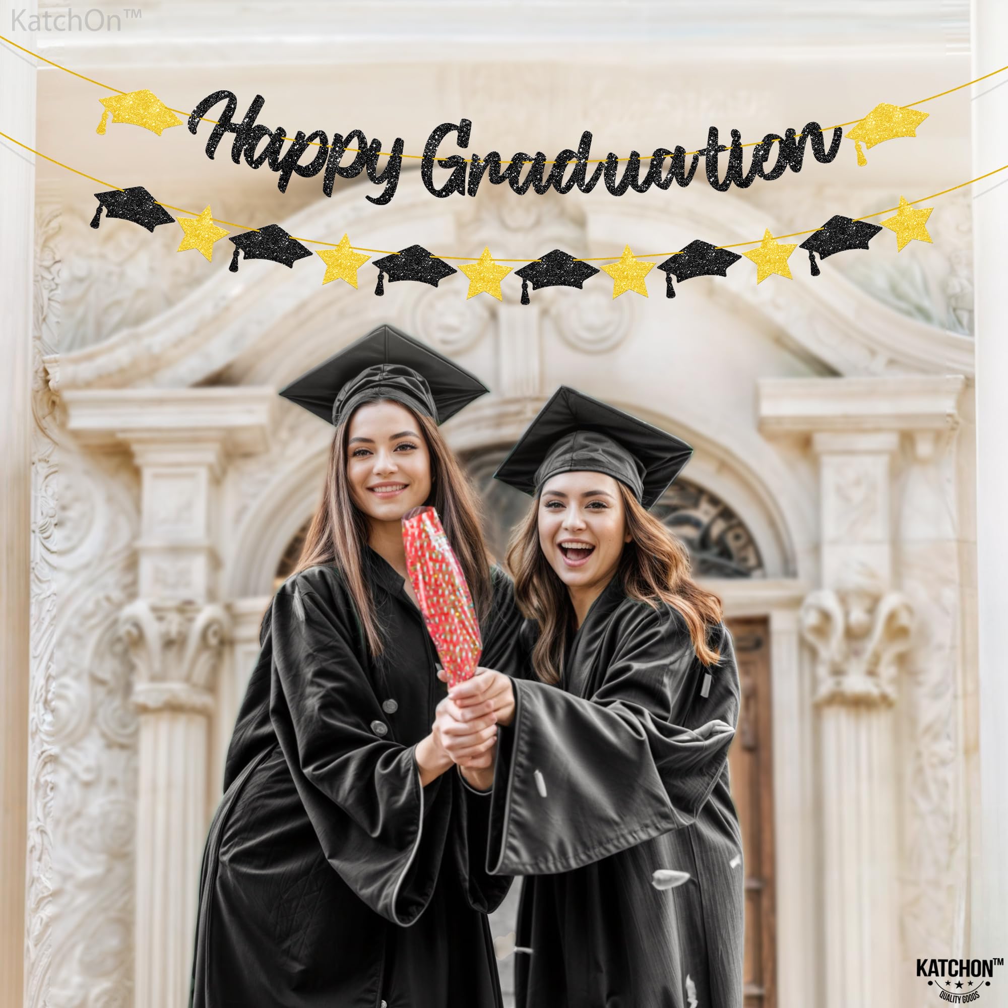 KatchOn 6.5ft Black & Gold Graduation Banner 2025 with Cap Garland - Ready to Use Graduation Party Decor for Class of 2025 - Perfect for High School & College Graduation Ceremonies, Photo Backdrops & Home Decor