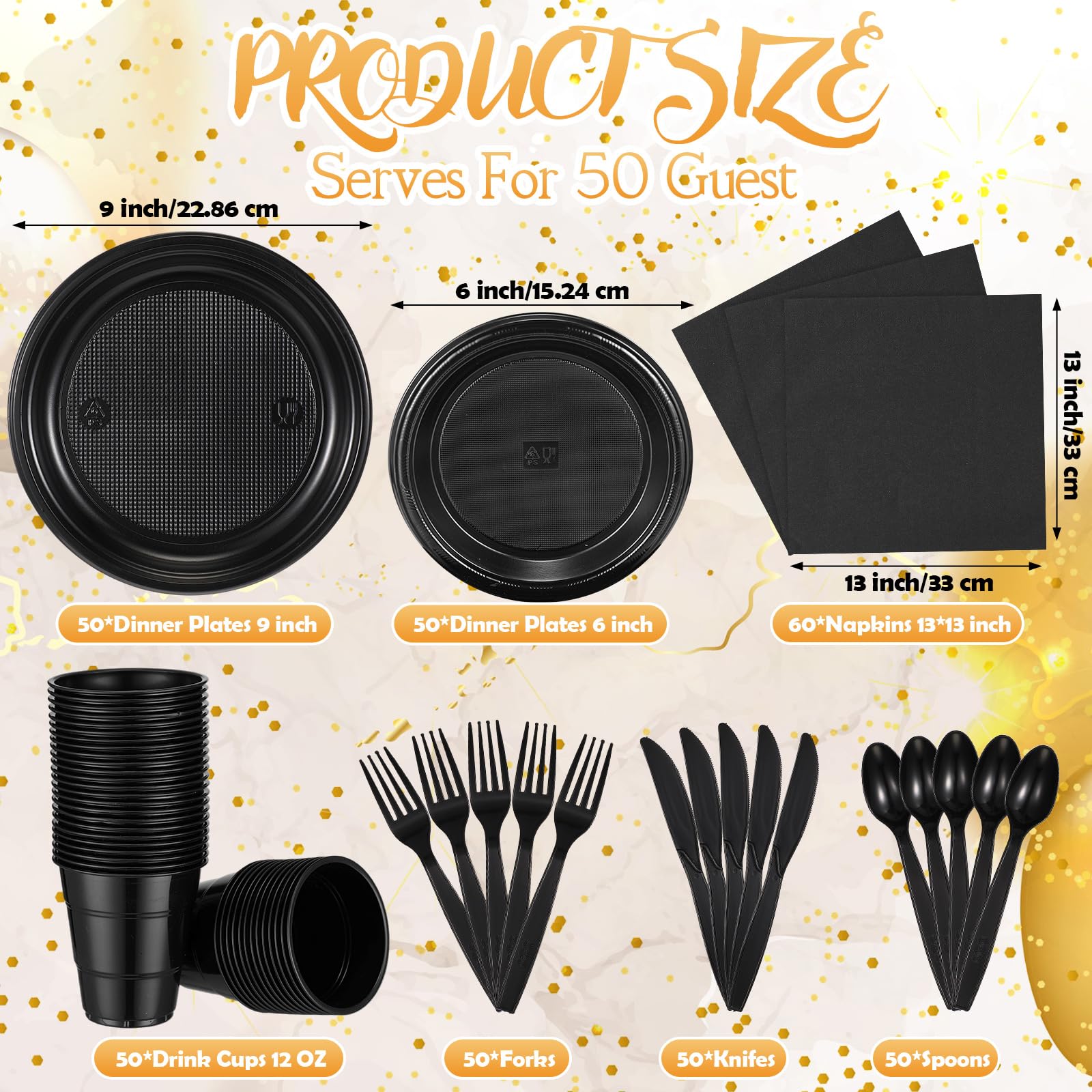 Yaomiao 360-Piece Black Disposable Plastic Dinnerware Set - 50 Dinner Plates, 50 Salad Plates, 50 Cups, 50 Forks, 50 Knives, 50 Spoons & 60 Napkins - Perfect for Birthday Parties, Weddings, Anniversaries & Large Gatherings - Serve 50 Guests with Elegant Tableware