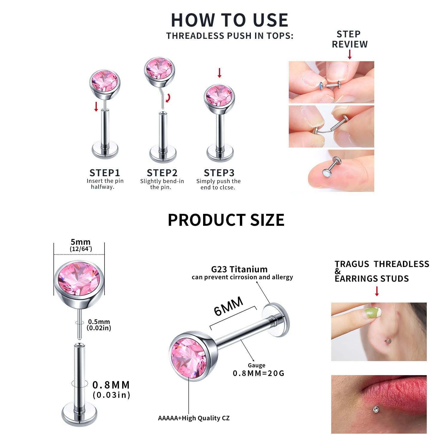 VOJO 20G G23 Titanium Flat Back Stud Earrings with CZ Stones | Hypoallergenic Threadless Cartilage Piercing Jewelry for Women | Perfect for Everyday Wear, Parties & Sensitive Ears